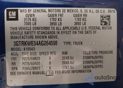 2010 GMC Sierra 1500 Slt z USA, uszkodzony, nr VIN 3GTRKWE34AG264598